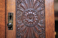 Load image into Gallery viewer, Antique 1910s Carved Oak Smoker’s Cabinet - Tabletop Tobacciana Box With Drawers & Fitted Pipe Rack - 25 x 28 x 18 cm