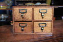 Load image into Gallery viewer, Vintage Oak Four Drawer Card Index Cabinet - Desktop Filing Drawers - Brass Label Pulls - Library Apothecary Style - 41 x 23 x 33 Cm
