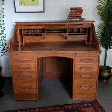 Load image into Gallery viewer, Antique Oak Roll Top Desk - Tambour Writing Desk With Pigeon Holes And Drawers