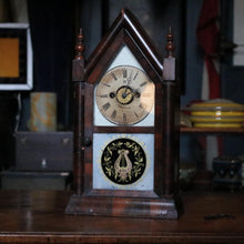 Load image into Gallery viewer, Antique Jerome & Co Alarm Steeple Mantel Clock - Gothic Revival Rose Glass - Working American Shelf Clock, 39cm