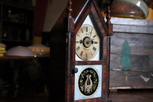 Load image into Gallery viewer, Antique Jerome & Co Alarm Steeple Mantel Clock - Gothic Revival Rose Glass - Working American Shelf Clock, 39cm