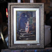 Load image into Gallery viewer, Antique Framed Oil Painting On Board - Courtyard Lady & Doves Scene - Ornate Gilt Wood Frame - 31 x 39 cm