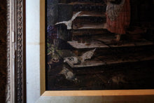 Load image into Gallery viewer, Antique Framed Oil Painting On Board - Courtyard Lady & Doves Scene - Ornate Gilt Wood Frame - 31 x 39 cm