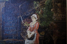 Load image into Gallery viewer, Antique Framed Oil Painting On Board - Courtyard Lady & Doves Scene - Ornate Gilt Wood Frame - 31 x 39 cm