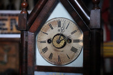 Load image into Gallery viewer, Antique Jerome & Co Alarm Steeple Mantel Clock - Gothic Revival Rose Glass - Working American Shelf Clock, 39cm