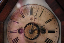 Load image into Gallery viewer, Antique Jerome & Co Alarm Steeple Mantel Clock - Gothic Revival Rose Glass - Working American Shelf Clock, 39cm