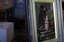 Load image into Gallery viewer, Antique Framed Oil Painting On Board - Courtyard Lady & Doves Scene - Ornate Gilt Wood Frame - 31 x 39 cm