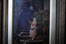 Load image into Gallery viewer, Antique Framed Oil Painting On Board - Courtyard Lady & Doves Scene - Ornate Gilt Wood Frame - 31 x 39 cm