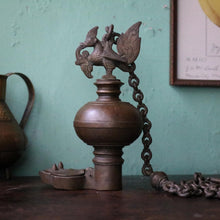 Load image into Gallery viewer, Antique Indian Bronze Diya Oil Lamp With Chain & Bird Finial - Hanging Temple Lamp - 21cm Tall