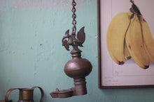 Load image into Gallery viewer, Antique Indian Bronze Diya Oil Lamp With Chain & Bird Finial - Hanging Temple Lamp - 21cm Tall