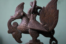 Load image into Gallery viewer, Antique Indian Bronze Diya Oil Lamp With Chain & Bird Finial - Hanging Temple Lamp - 21cm Tall