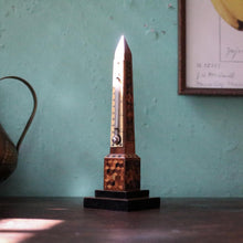 Load image into Gallery viewer, Antique Inlaid Wooden Obelisk Thermometer – Tunbridge Ware Mosaic – 20 cm / 8”