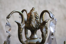Load image into Gallery viewer, Pair Vintage Brass Candelabra Candlesticks – Ornate 3 Arm Candle Holders With Crystal Drops – 20 cm x 23 cm / 7.9” x 9”