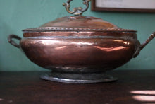 Load image into Gallery viewer, Antique Copper Lidded Serving Dish – Hand Beaten Metal Tureen With Twin Handles – 28 x 16 x 15 cm / 11” x 6.3” x 5.9”