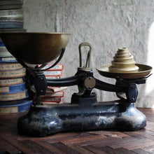 Load image into Gallery viewer, Antique Cast Iron Balance Scales – Brass Pans With Weights – Kitchen Scales