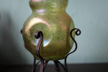 Load image into Gallery viewer, Loetz Iridescent Art Glass Vase – Green Bohemian Glass With Wrought Iron Stand – 15 cm Tall