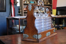 Load image into Gallery viewer, Antique Edwardian Wooden Tantalus Decanter Set – Cut Glass Bottles With Key