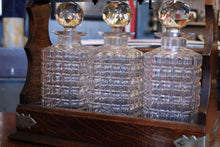 Load image into Gallery viewer, Antique Edwardian Wooden Tantalus Decanter Set – Cut Glass Bottles With Key