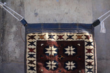 Load image into Gallery viewer, Vintage Afghan Baluch Saddle Bag – Handwoven Tribal Wool & Leather Hanging – Early 20th Century – 124 x 47 cm / 48.8" x 18.5"