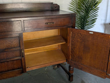 Load image into Gallery viewer, Vintage Solid Oak Sideboard by C.W.S. Limited – 153cm Wide - Carved Doors
