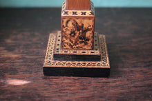 Load image into Gallery viewer, Antique Inlaid Wooden Obelisk Thermometer – Tunbridge Ware Mosaic – 20 cm / 8”