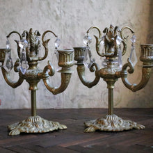 Load image into Gallery viewer, Pair Vintage Brass Candelabra Candlesticks – Ornate 3 Arm Candle Holders With Crystal Drops – 20 cm x 23 cm / 7.9” x 9”