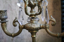 Load image into Gallery viewer, Pair Vintage Brass Candelabra Candlesticks – Ornate 3 Arm Candle Holders With Crystal Drops – 20 cm x 23 cm / 7.9” x 9”