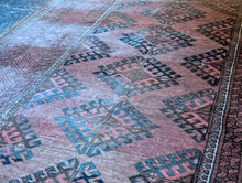 Load image into Gallery viewer, 203 x 115 cm - Vintage Hand-Knotted Tribal Wool Rug Runner - Dusty Rose & Indigo Geometric - 203 x 115 cm