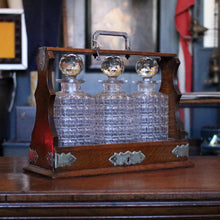 Load image into Gallery viewer, Antique Edwardian Wooden Tantalus Decanter Set – Cut Glass Bottles With Key