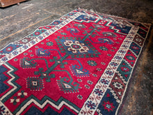 Load image into Gallery viewer, 2'0" x 3'10" - Vintage Caucasian Hand-Knotted Wool Rug - Madder Red & Indigo - 61 x 116 cm