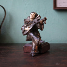 Load image into Gallery viewer, Antique German Pierrot Musician Figure Car Mascot – Bronze & Bone – Harlequin Lute Player