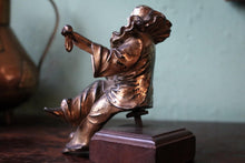 Load image into Gallery viewer, Antique German Pierrot Musician Figure Car Mascot – Bronze & Bone – Harlequin Lute Player