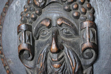Load image into Gallery viewer, Antique Black Forest Carved Wall Plaque - Rotating Green Man Carving - Gothic Folk Art Oak Panel - 53 x 39 cm