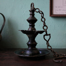 Load image into Gallery viewer, Antique Indian Brass Diya Oil Lamp – Hanging Temple Lamp With Chain – 19cm Tall