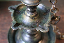Load image into Gallery viewer, Antique Indian Brass Diya Oil Lamp – Hanging Temple Lamp With Chain – 19cm Tall