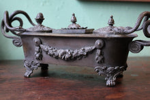 Load image into Gallery viewer, Antique Grand Tour Bronze Serpent Inkwell - Neoclassical Desk Stand With Snake Handles - 27cm