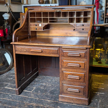 Load image into Gallery viewer, Antique Oak Roll Top Desk - Tambour Bureau With Original Key - Edwardian Office Desk - 124cm