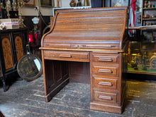 Load image into Gallery viewer, Antique Oak Roll Top Desk - Tambour Bureau With Original Key - Edwardian Office Desk - 124cm