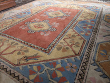 Load image into Gallery viewer, 6'0" x 5'0" - Vintage Turkish Hand-Knotted Wool Rug - Salmon Pink, Sky Blue & Cream - 184 x 152 cm