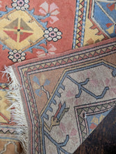 Load image into Gallery viewer, 6'0" x 5'0" - Vintage Turkish Hand-Knotted Wool Rug - Salmon Pink, Sky Blue & Cream - 184 x 152 cm