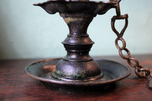 Load image into Gallery viewer, Antique Indian Brass Diya Oil Lamp – Hanging Temple Lamp With Chain – 19cm Tall