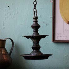 Load image into Gallery viewer, Antique Indian Brass Diya Oil Lamp – Hanging Temple Lamp With Chain – 19cm Tall