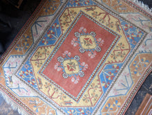 Load image into Gallery viewer, 6'0" x 5'0" - Vintage Turkish Hand-Knotted Wool Rug - Salmon Pink, Sky Blue & Cream - 184 x 152 cm
