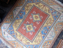 Load image into Gallery viewer, 6'0" x 5'0" - Vintage Turkish Hand-Knotted Wool Rug - Salmon Pink, Sky Blue & Cream - 184 x 152 cm