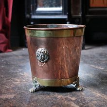 Load image into Gallery viewer, Antique Copper & Brass Lion Mask Log Bin - Coal Scuttle - Lion Paw Feet - Fireside Bucket - 27cm