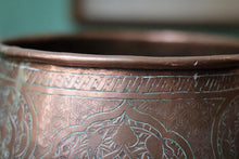 Load image into Gallery viewer, Antique Moroccan Engraved Copper Cachepot Planter - Hand Worked Copper Vessel - 15cm x 14cm