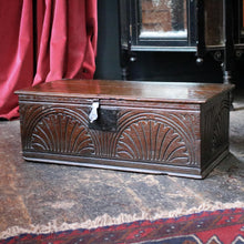 Load image into Gallery viewer, 18th Century Carved Oak Bible Box - Georgian Folk Art Bible Chest - Antique Religious Storage Casket - 62cm