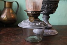 Load image into Gallery viewer, Antique Victorian Cosmos Brenner Oil Lamp – Ornate Cast Metal Table Lamp With Frosted Pink Frilled Shade – Working – 13.8" (35 cm)
