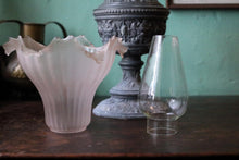 Load image into Gallery viewer, Antique Victorian Cosmos Brenner Oil Lamp – Ornate Cast Metal Table Lamp With Frosted Pink Frilled Shade – Working – 13.8" (35 cm)