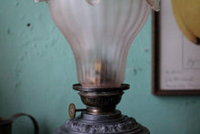 Load image into Gallery viewer, Antique Victorian Cosmos Brenner Oil Lamp – Ornate Cast Metal Table Lamp With Frosted Pink Frilled Shade – Working – 13.8" (35 cm)